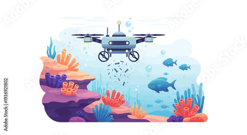 Underwater Drone Exploring Coral Reef Scene. Vector Illustrations. EPS Editable