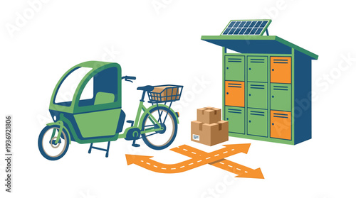Urban Delivery Scene with Bicycle Cart Locker and Boxes. Vector Illustrations. EPS Editable