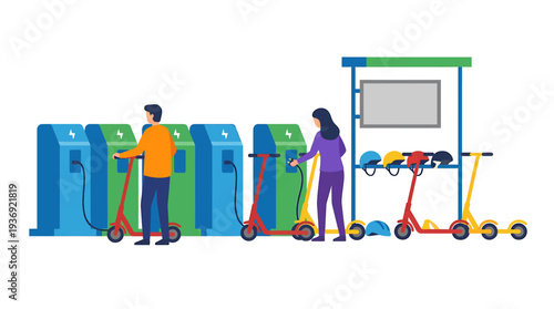 Urban Recycling and Micro Mobility Scene. Vector Illustrations. EPS Editable