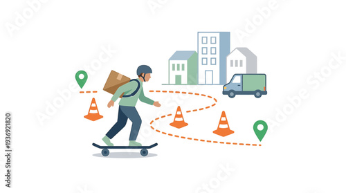 Urban Skater Navigates Construction Zone With Cones. Vector Illustrations. EPS Editable