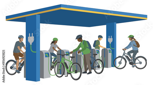 Vibrant Bicycle Refueling Station Scene With Cyclists At A Fuel Stop. Vector Illustrations. EPS Editable