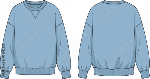 Light Blue Oversized Sweatshirt Technical Drawing Vector, Crewneck Pullover Fashion Flat Sketch, Front and Back View Tech Pack Apparel Template