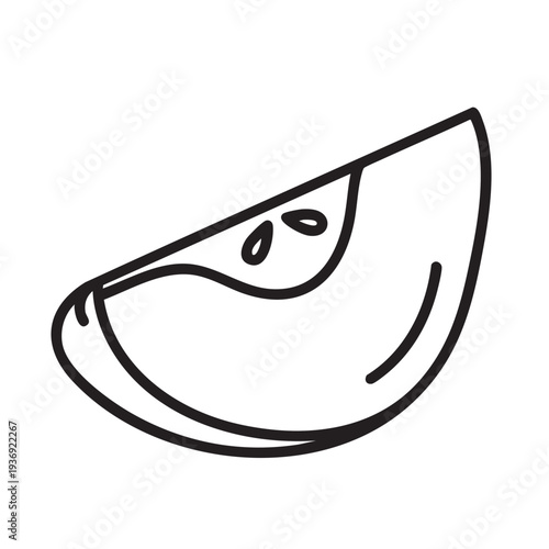 Outline illustration of a single apple slice or peach wedge, featuring visible seeds and soft curves, perfect for healthy snack visuals
