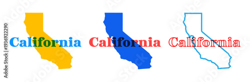 California state map silhouette with the state name in retro typography above. Vintage design with overprint colors and bold shapes, perfect for posters, apparel, travel graphics.