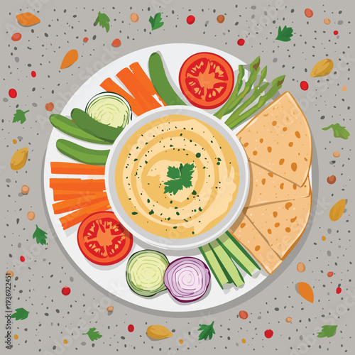 Vegetable platter with hummus and flatbread on a speckled surface