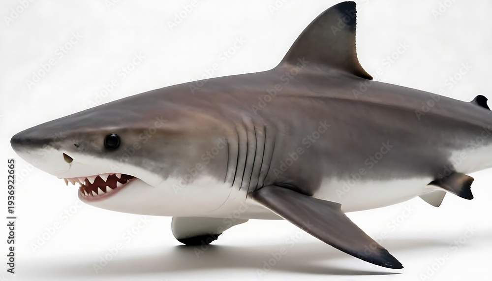Fototapeta premium Close-up of a Great White Shark's head, showing its sharp teeth and powerful jaws, against a clean white backdrop. Perfect for themes of danger, nature, and ocean predators.