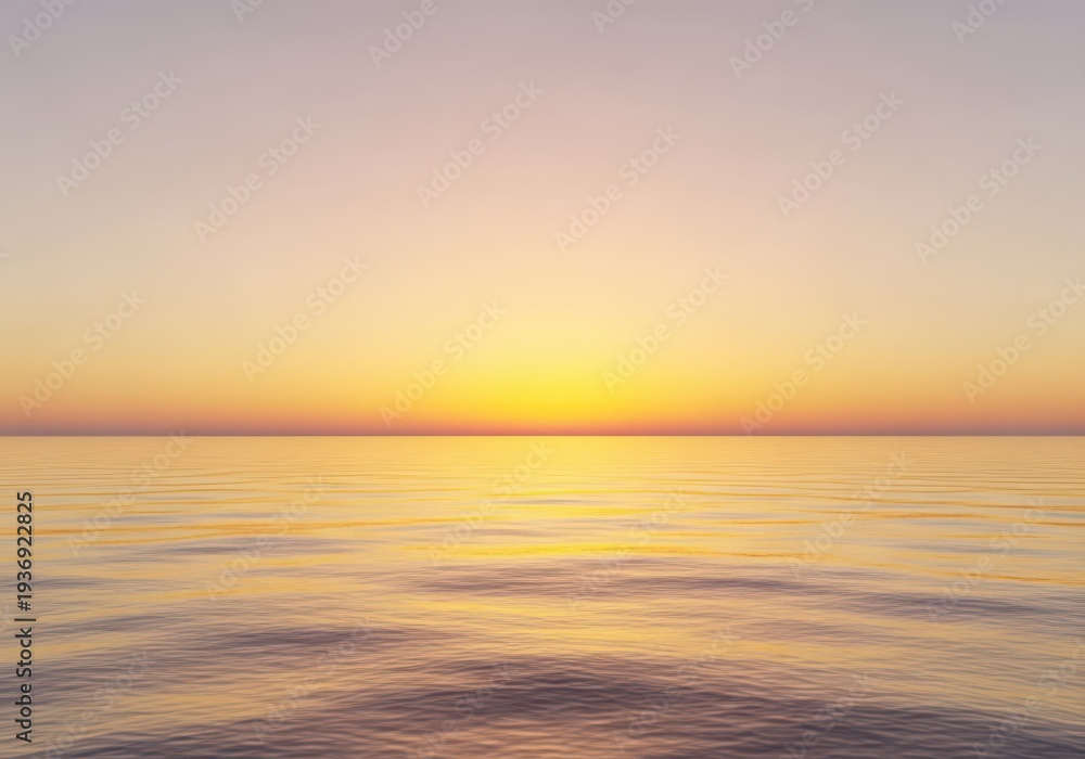 Fototapeta premium Stunning panoramic view of the vast ocean at dawn. Warm golden light spreads across the tranquil water and sky, horizon, coast, ethereal