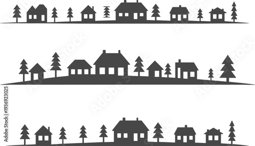 Village landscape silhouettes with houses and pine trees on rolling hills isolated on white background representing countryside scenery, rural life and peaceful nature