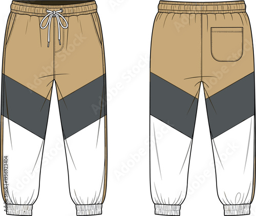 Men color block jogger pants with elastic waistband and drawstring, casual sporty sweatpants front and back view illustration