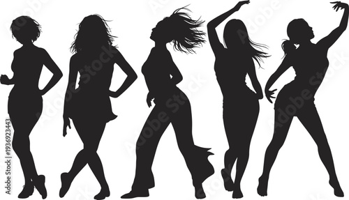 Silhouettes of dancing women in a party setting with graceful poses and flowing hair