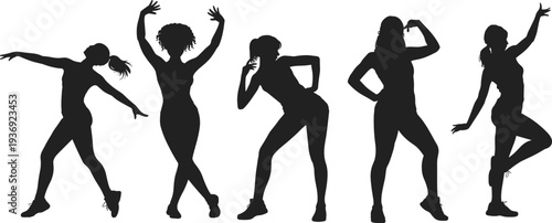 Women dancer silhouettes performing energetic dance poses isolated on white background representing fitness, music, party, entertainment and modern female dance lifestyle