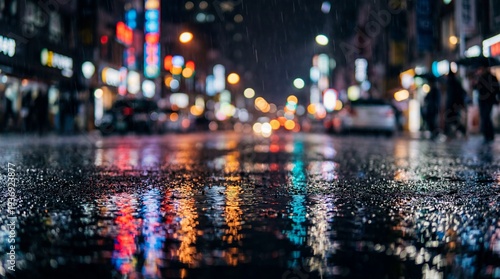 night photography, rainy city street bokeh, urban bckground, atmospheric neon reflection