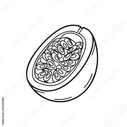 Half passion fruit line art illustration showing seeds and pulp detailed botanical drawing tropical fruit isolated on white background for food and drink concepts