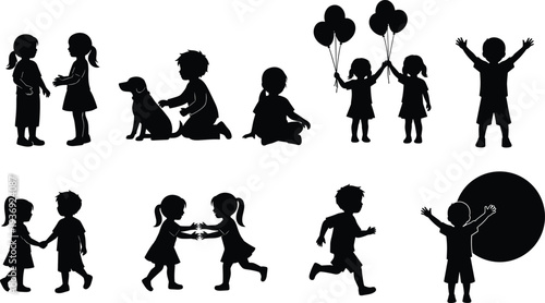 Black silhouette children playing, running, walking, holding balloons, petting dog, sitting, standing, friendship, joy, activity, childhood interaction, vector illustration