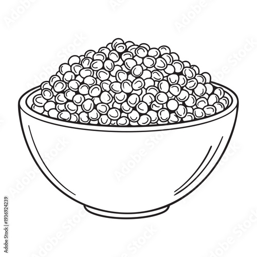 Bowl full of lentils, healthy legume food, graphic outline illustration on white background, isolated