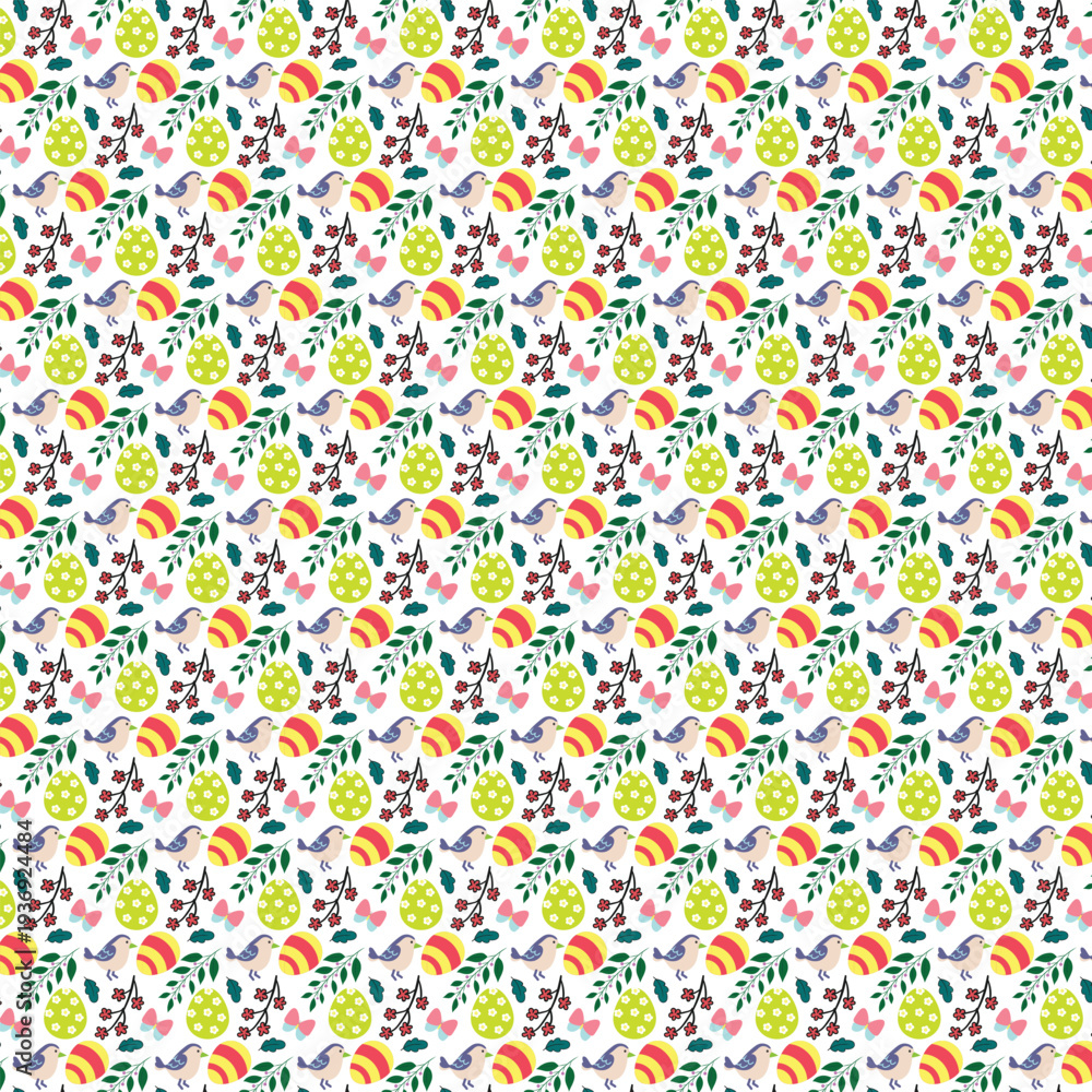 Fototapeta premium Colorful easter eggs and birds on branches seamless pattern