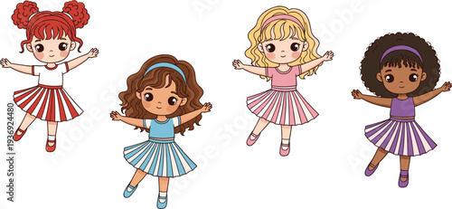 Cute cartoon ballerina girls dancing ballet character set diverse children dancers in colorful tutu dresses adorable kids mascot illustration isolated vector