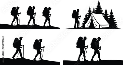 Black silhouette hikers trekking with backpacks and camping tent in pine forest outdoor adventure nature exploration vector illustration for stock content
