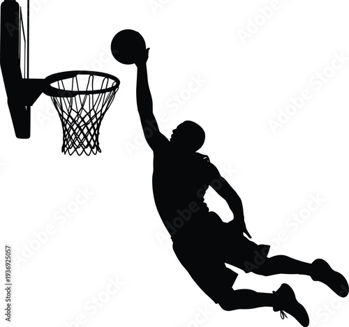 Black silhouette of basketball player performing slam dunk with hoop and backboard, isolated vector design for sports, athletic action, and dynamic themes