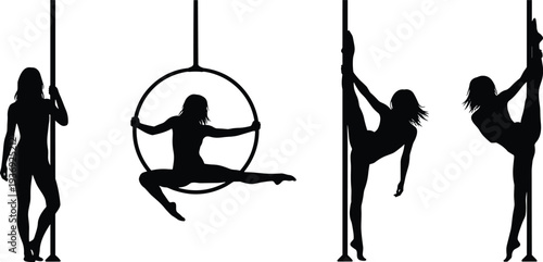 Black silhouette vector illustration of four dancers performing aerial hoop and pole dance poses, symbolizing strength, flexibility, artistry, fitness, acrobatics, and performance design concepts.