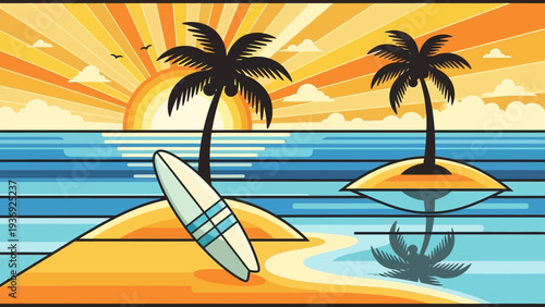 Tropical Beach Sunset with Palm Trees and Surfboard