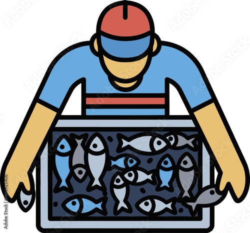 Worker Sorting Fresh Fish In Container From Top Angle