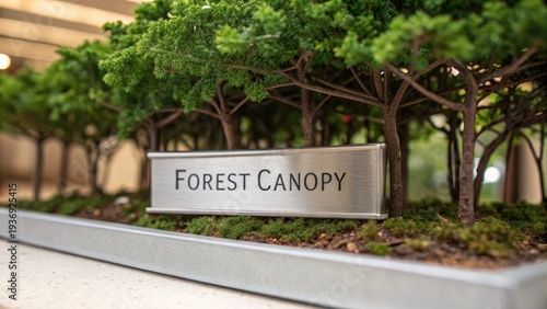 Indoor miniature forest display with sign for Forest Canopy project