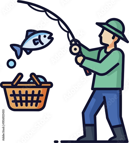 Angler Standing With Fishing Rod And Basket Catching Fish