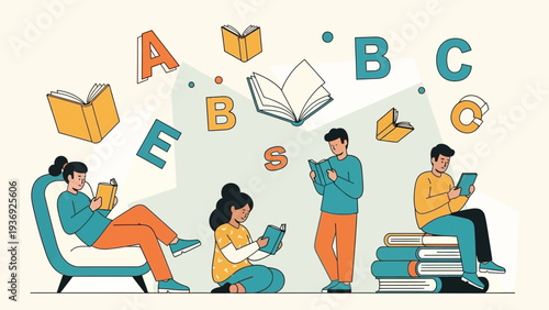 Diverse group of people reading books, learning, education, knowledge, literature