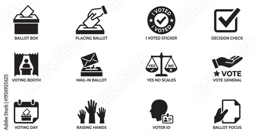 Voting and election icons set, ballot box, hand placing vote, decision check and democratic process symbols. Vector Illustration.