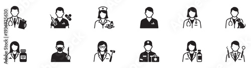 Healthcare professionals and doctors icons, medical staff, surgeon. Medical personal icon. Male and female doctor. Medical Team Icon. Simple linear icon for a group of doctors. Vector illustration.