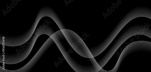 Abstract Futuristic Monochrome Wave Lines: A Series of Fluid White Curved Lines and Dynamic Sound Wave Patterns on a Minimalist Black Background for Digital Technology and Creative Design.