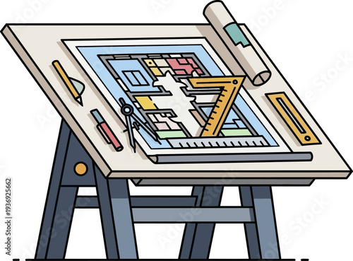 Architect Drafting Table With Blueprint And Tools Perspective View