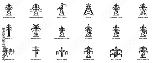 Collection of electric power transmission tower icons, electricity pylons, energy grid symbols, high voltage line illustrations, and related infrastructure elements, including transformers, lightning.