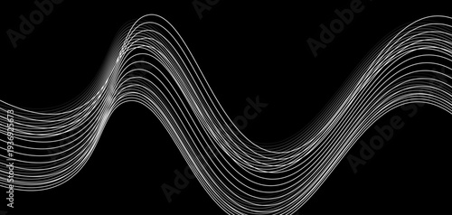 Abstract Futuristic Monochrome Wave Lines: A Series of Fluid White Curved Lines and Dynamic Sound Wave Patterns on a Minimalist Black Background for Digital Technology and Creative Design.