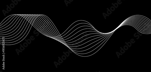 Abstract Futuristic Monochrome Wave Lines: A Series of Fluid White Curved Lines and Dynamic Sound Wave Patterns on a Minimalist Black Background for Digital Technology and Creative Design.