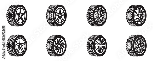 Car wheel and tire set, various alloy rim designs and rubber tyre treads, automotive transport icons, flat vector. Vector Illustration.