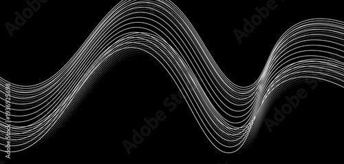 Abstract Futuristic Monochrome Wave Lines: A Series of Fluid White Curved Lines and Dynamic Sound Wave Patterns on a Minimalist Black Background for Digital Technology and Creative Design.