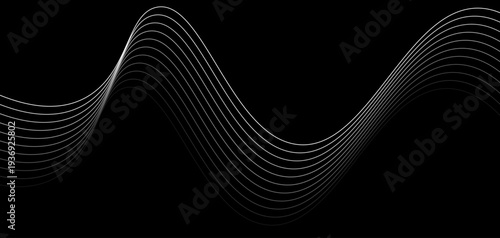 Abstract Futuristic Monochrome Wave Lines: A Series of Fluid White Curved Lines and Dynamic Sound Wave Patterns on a Minimalist Black Background for Digital Technology and Creative Design.