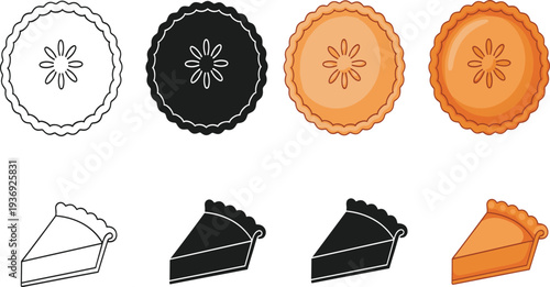 Apple pie vector illustration set, whole pumpkin pie and slice icons in flat and silhouette style for Thanksgiving food design, isolated.