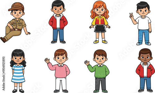 PrintCute cartoon kids characters set, diverse boys and girls children collection, smiling students vector illustration isolated, playful childhood people design