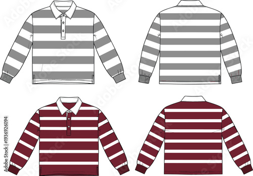 Striped polo shirt mockup set, front and back view long sleeve casual apparel in multiple color variations