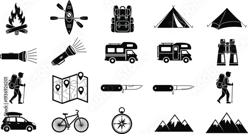 Black silhouette vector icons of camping and outdoor adventure activities including tent, campfire, kayak, backpack, flashlight, hiker, compass, and mountain