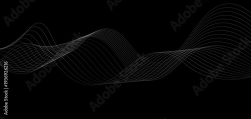 Abstract Futuristic Monochrome Wave Lines: A Series of Fluid White Curved Lines and Dynamic Sound Wave Patterns on a Minimalist Black Background for Digital Technology and Creative Design.