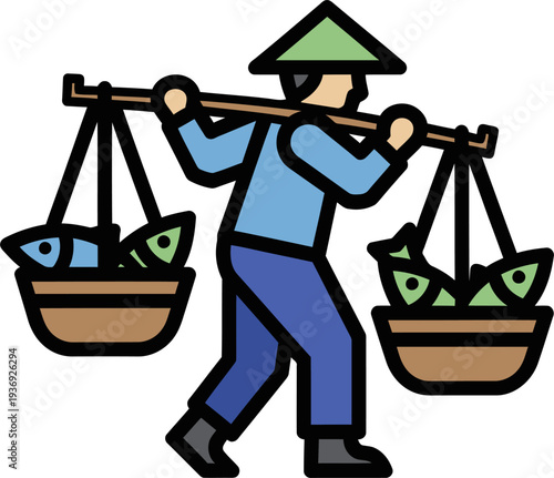 Asian Fish Vendor Carrying Balanced Baskets With Shoulder Pole