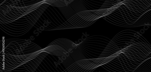 Abstract Futuristic Monochrome Wave Lines: A Series of Fluid White Curved Lines and Dynamic Sound Wave Patterns on a Minimalist Black Background for Digital Technology and Creative Design.