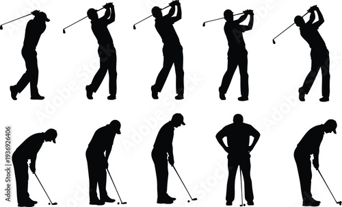 Black silhouette vector icons of golfer performing swing and putting actions, sports illustration set showing technique, posture, and athletic movement design