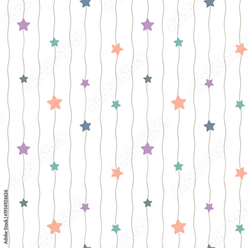 Seamless Pattern with Star and Wavy Line Design on White Background. Hand Drawn Vector Illustration. 