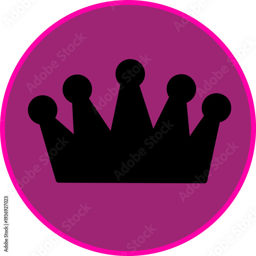 Royal crown icon in black silhouette inside a pink circular background. Symbol of royalty, luxury, leadership, and prestige in a modern minimal style.