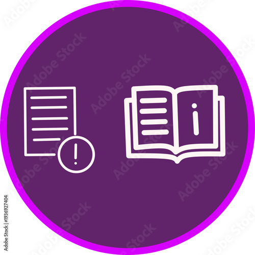Information and document icon set in white outline on purple circular background. Paper alert and open book info symbols for help, guide, knowledge, and support.